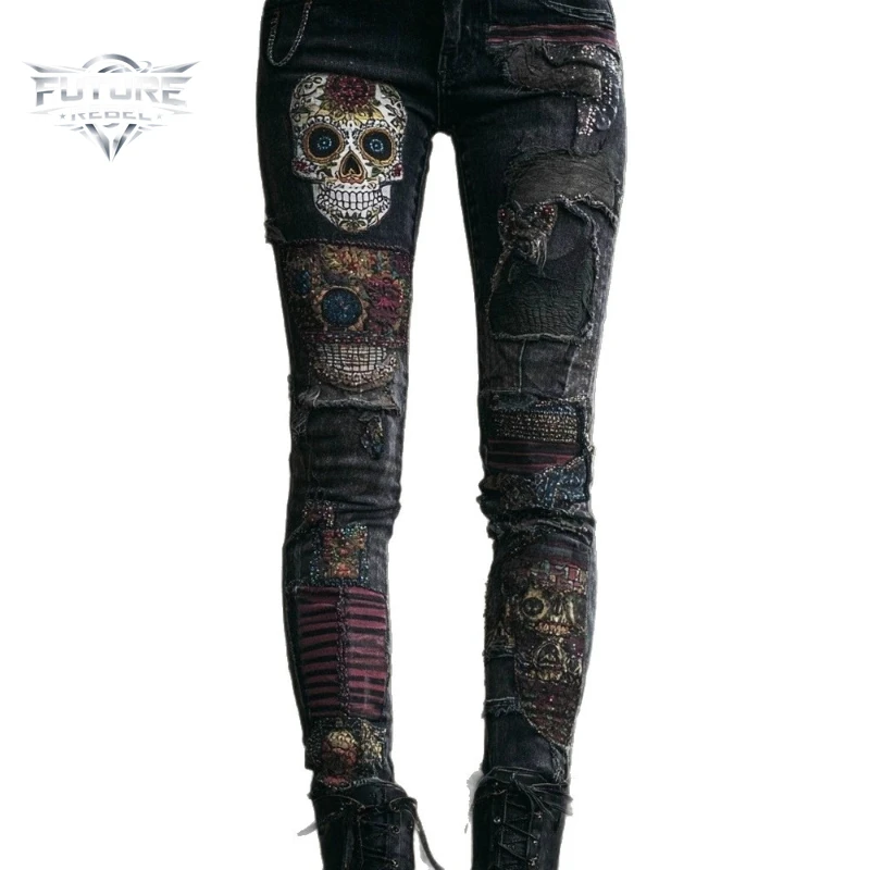 Y2K Gothic Streetwear Denim Jeans Unisex Skull Flame 3D Print Fit Washed Biker Pants Punk Hip Hop Club Outfit Vintage Harajuku 4
