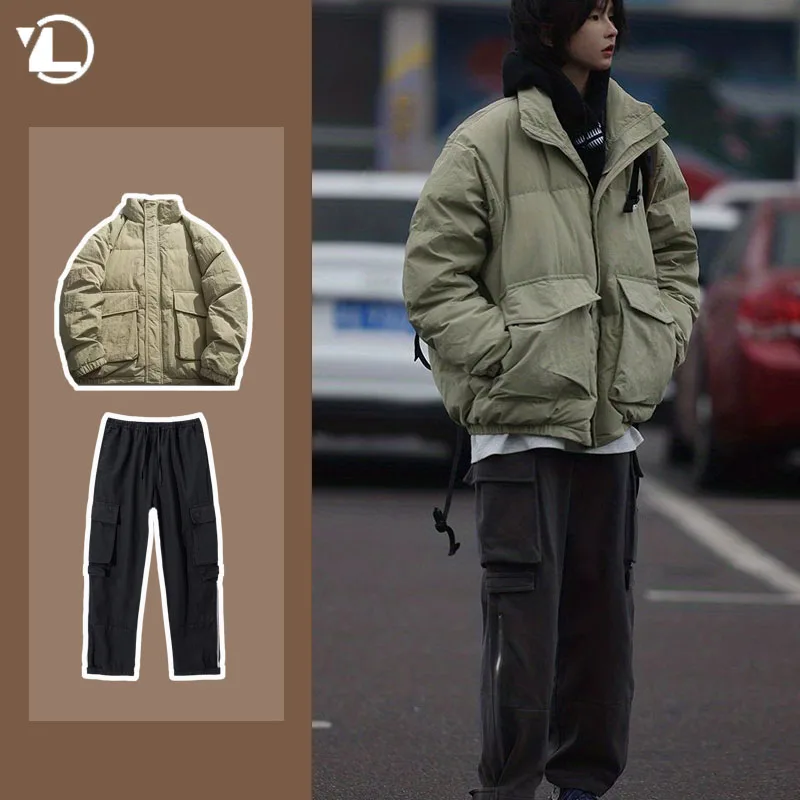 

New Japanese Street Men Winter Suit Fashion Fluffy Warm Bread Jacket+Large Pocket Casual Overalls 2-piece College Unisex Set