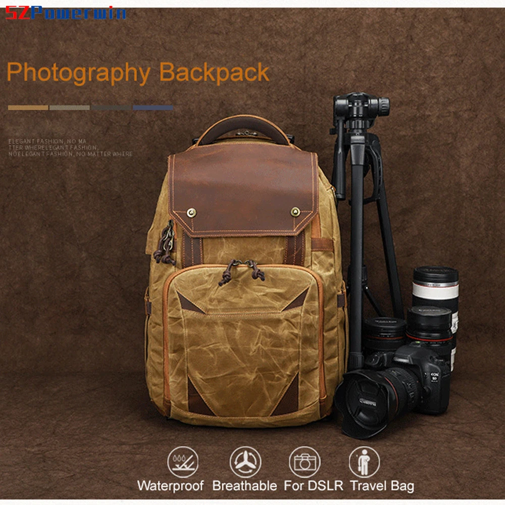 Powerwin Waterproof Retro Batik Canvas Leather Camera Backpack USB Port DSLR SLR Bag for Canon/Nikon Lens 15.4 Inch Laptop