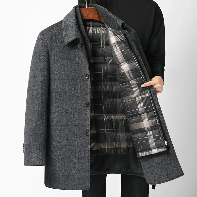 

Classic Mens Business Casual Winter Thick Warm Woolen Coat Detachable Duck Down Liner Windbreaker Plaid Wool Overcoat Top Jacket