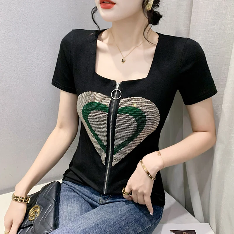 

#5414 Black Short T Shirt Women Diamonds Sexy Skinny Tshirt Short Sleeve Office Elegant Womens Tshirt Zipper Quare Collar Summer