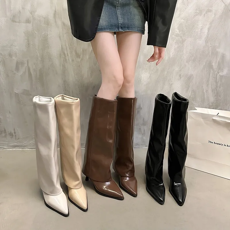 Women Gladiator Long Boots Trend Pointed Toe Mid Heels Shoes Elegant 2026 New Knee High Woman Knight's Snow Botas Pumps Mujer