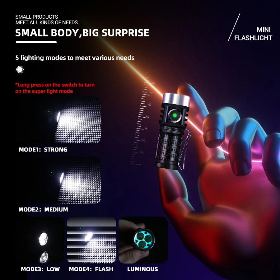 강력한 미니 EDC LED 손전등, USB-C 충전식 키체인 작업등, 강력한 자석 방수 토치, 야외 캠핑 랜턴