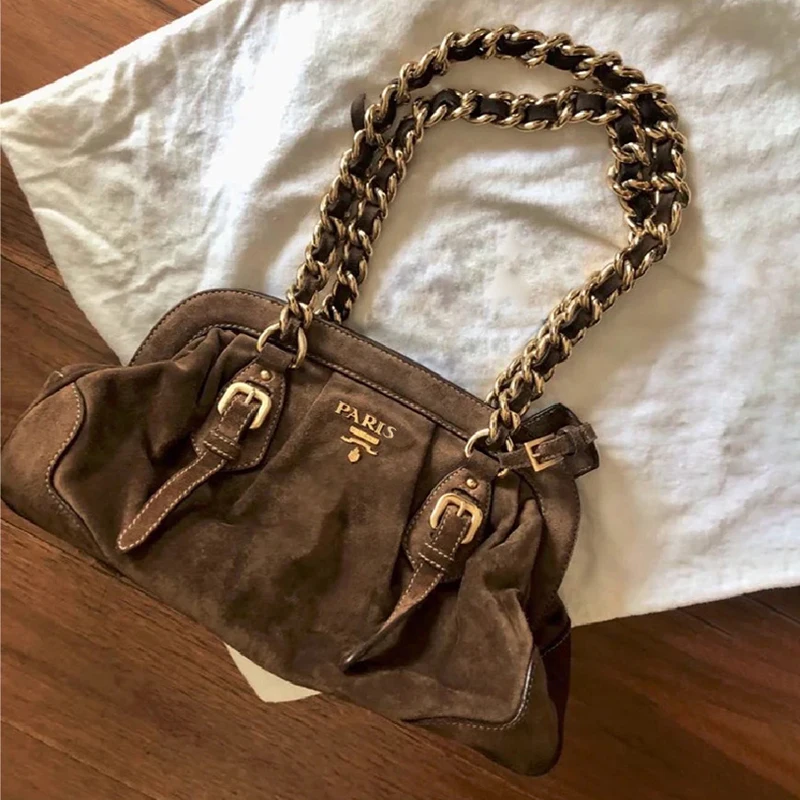 Fashion Letter Chain Double Shoulder Handbag Frosted Suede Underarm Bag ...