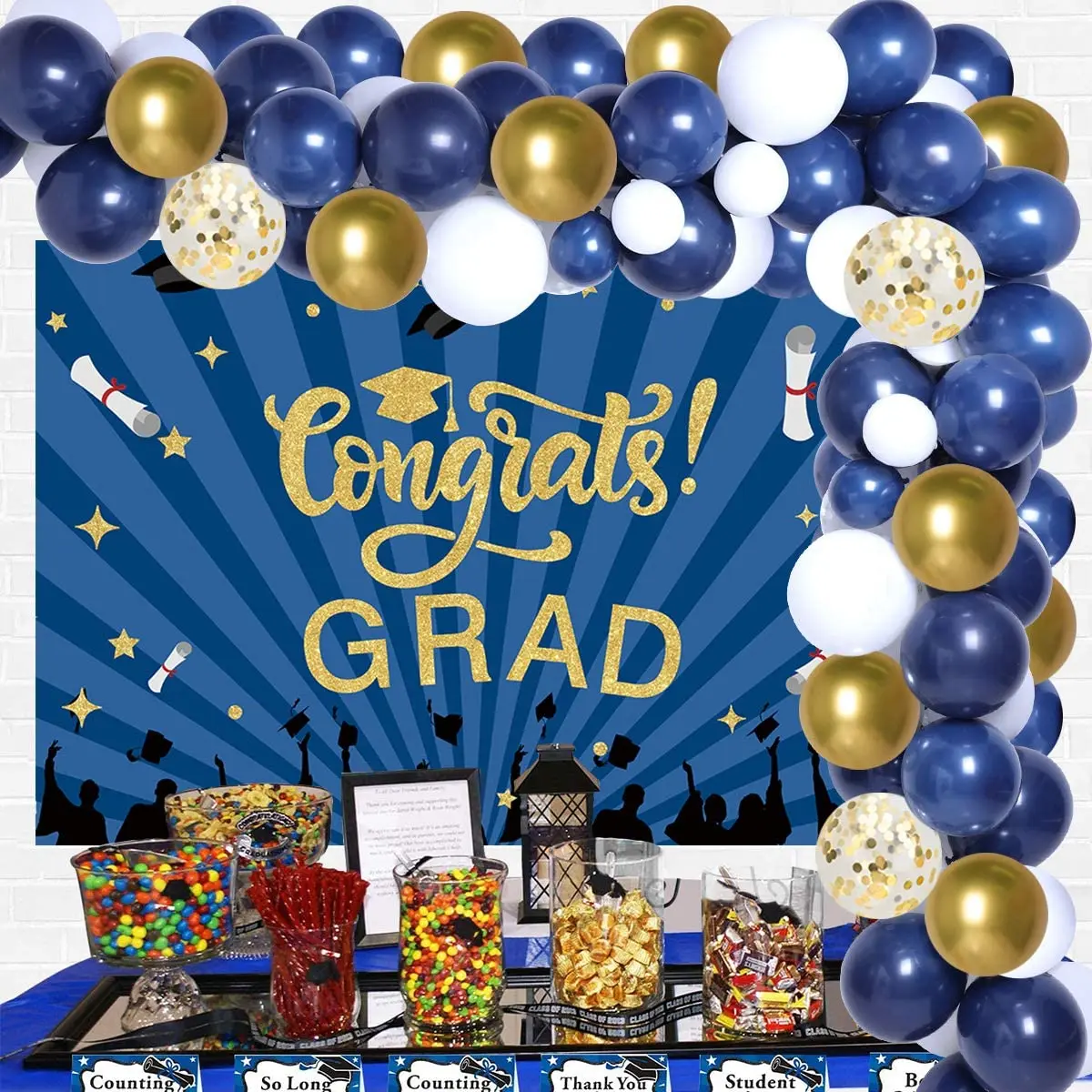 

JOYMEMO-Navy Blue Graduation Party Decoration, Congrats Grad Backdrop, Balloon Garland Kit, Decor Supplies, 2023