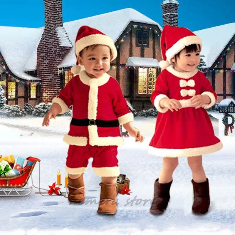 

Baby Boys Girls Christmas Santa Claus costume Kids Cosplay red dresses children dress up clothes with hat Carnival party clothes