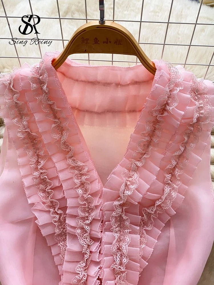 SINGREINY Celebrity Style Organza Hotsweet Top High Qulaity Sleeveless Lace Up Luxury Blouse Bohemian 3D Ruffles Short Tank Top 5