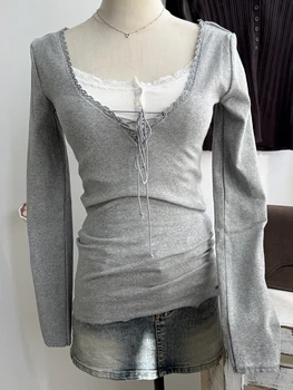 Lace Trim V-neck T-shirts Women Autumn New Sexy Streetwear Slim Lace-up Long Sleeve Tees Sweet Chic Preppy Style Tshirt Y2K 1