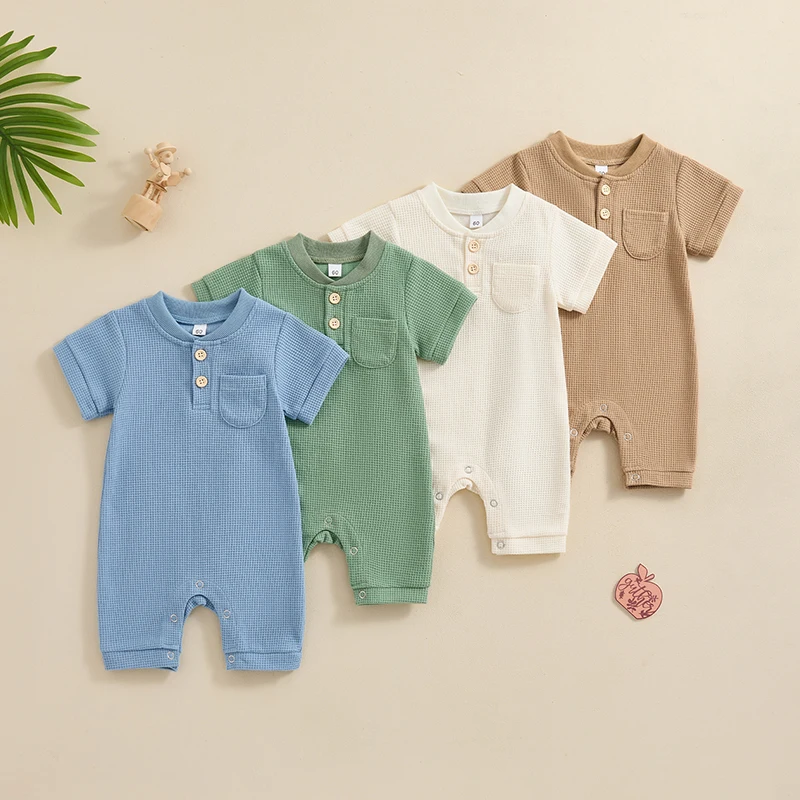 

2024-04-03 Lioraitiin Newborn Baby Boy Jumpsuit Summer Short Sleeve Solid Color Button Romper Waffle Playsuit