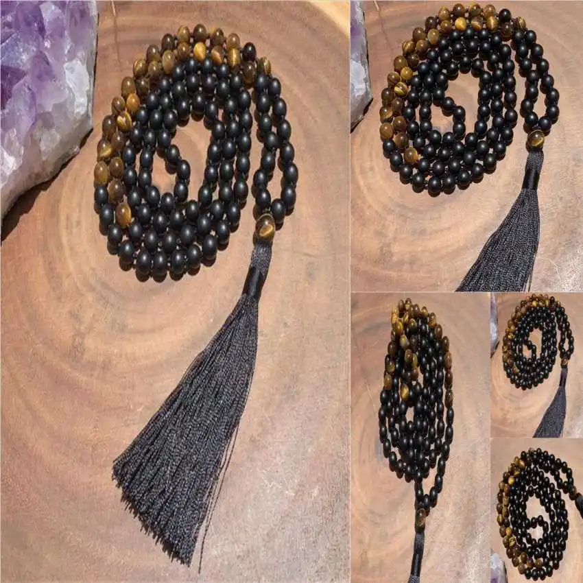 

Женское Ожерелье с натуральным ониксом, ожерелье с кисточкой ручной работы из 108 бусин тигровый глаз, Колье 8 мм