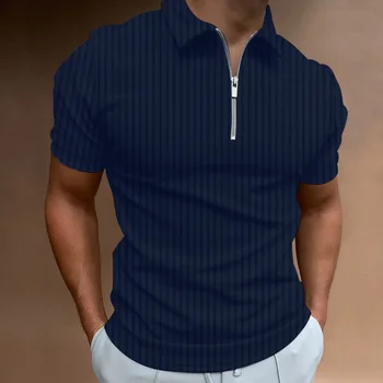 Polo da uomo a maniche corte - Nuovo stile estivo a tinta unita con colletto alla coreana e cerniera, top casual da uomo