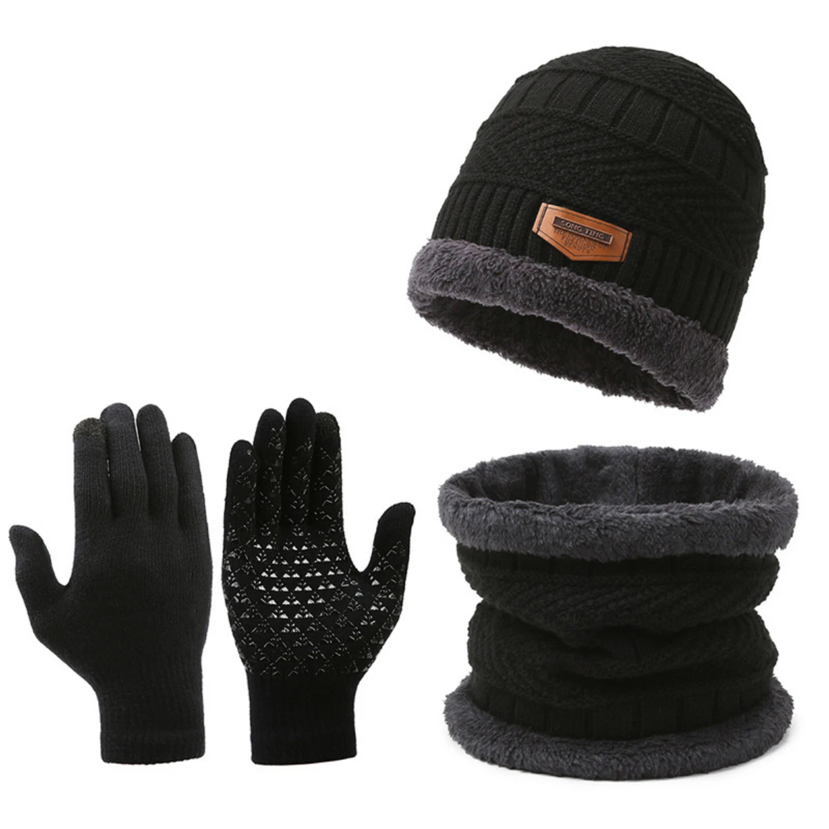 Winter Accessories 3pcs/Set Warm Plush Lined Knit Beanie Scarf & Gloves Set