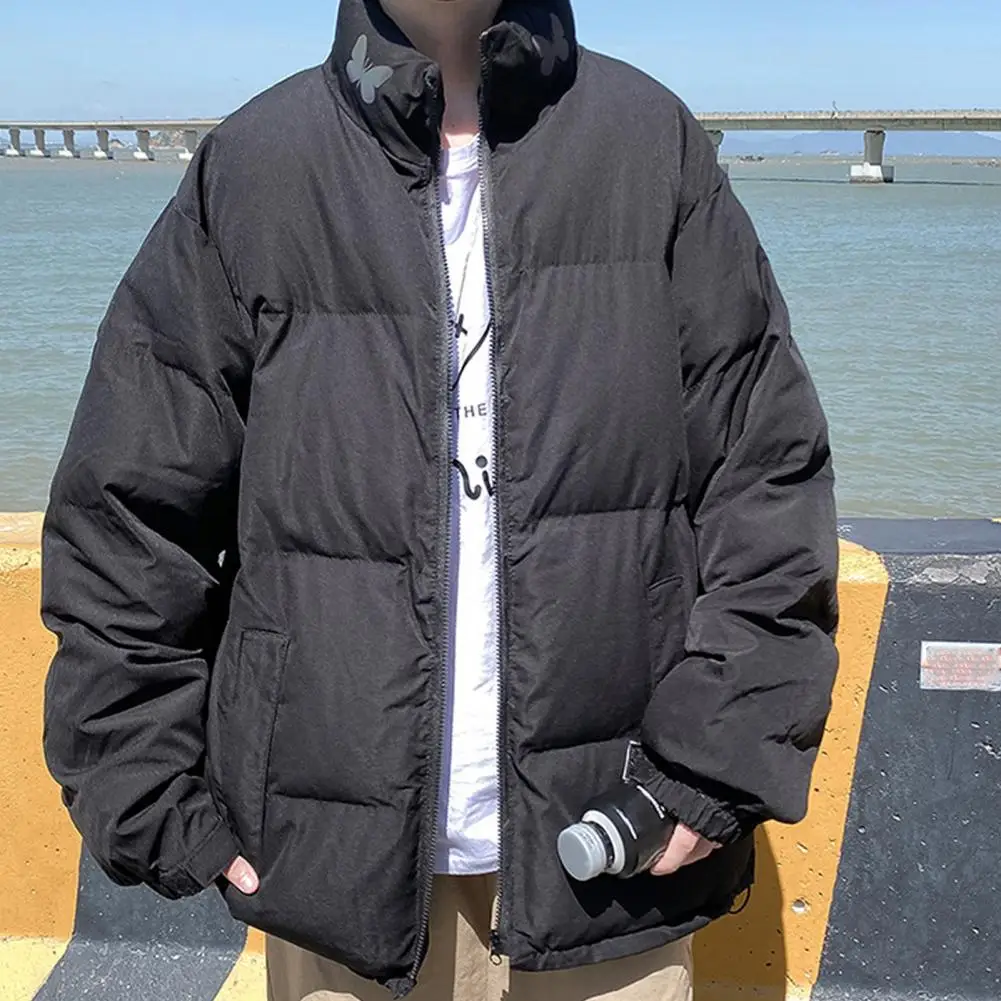

Stand Collar Jacket Thickened Padded Winter Men Jacket with Neck Protection Windproof Zipper Closure Resistant Pockets for Long