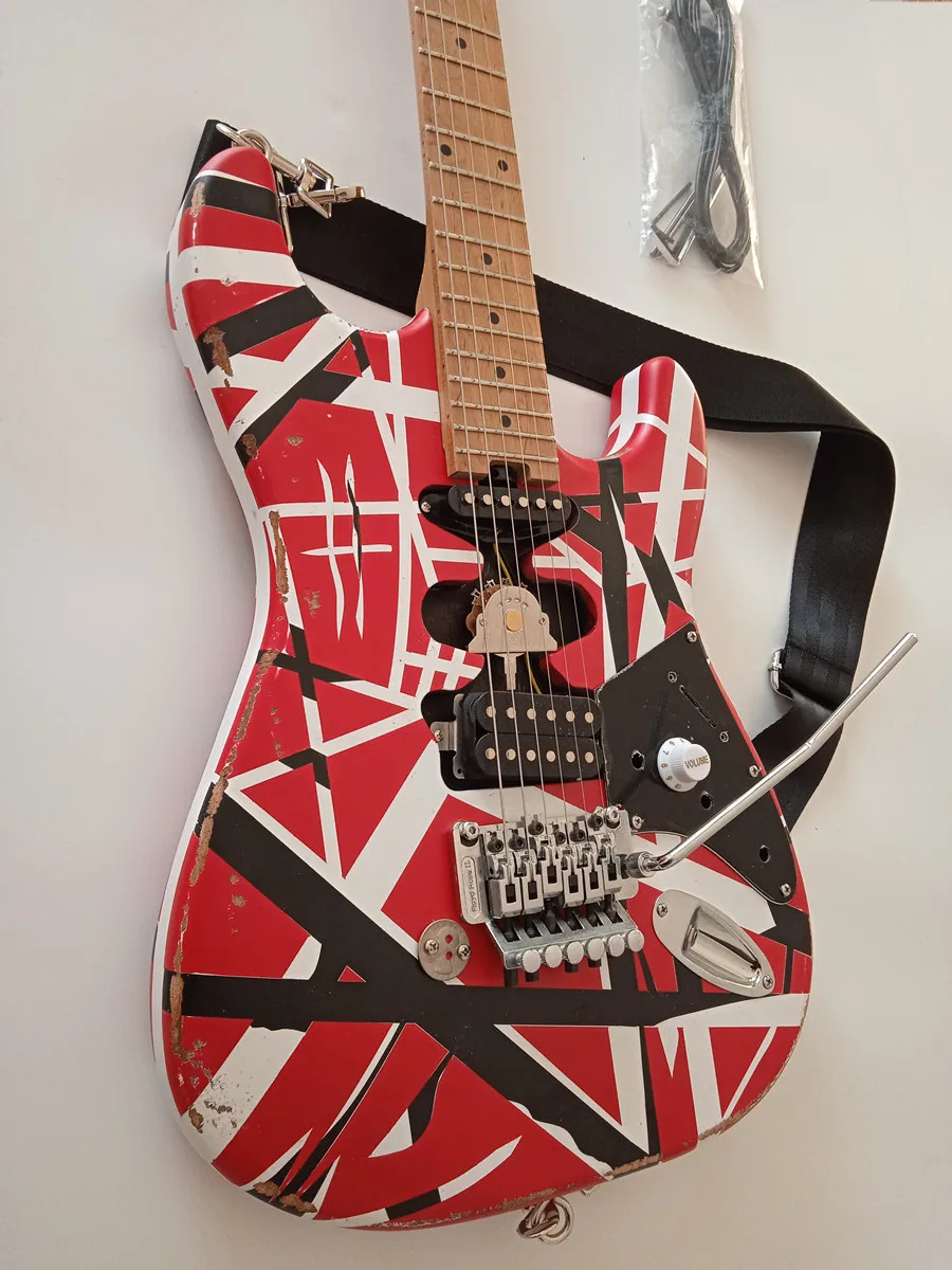 Roasted maple Heavy Relic Electric Guitar/Red Body/Decorated With Black And White Stripes/