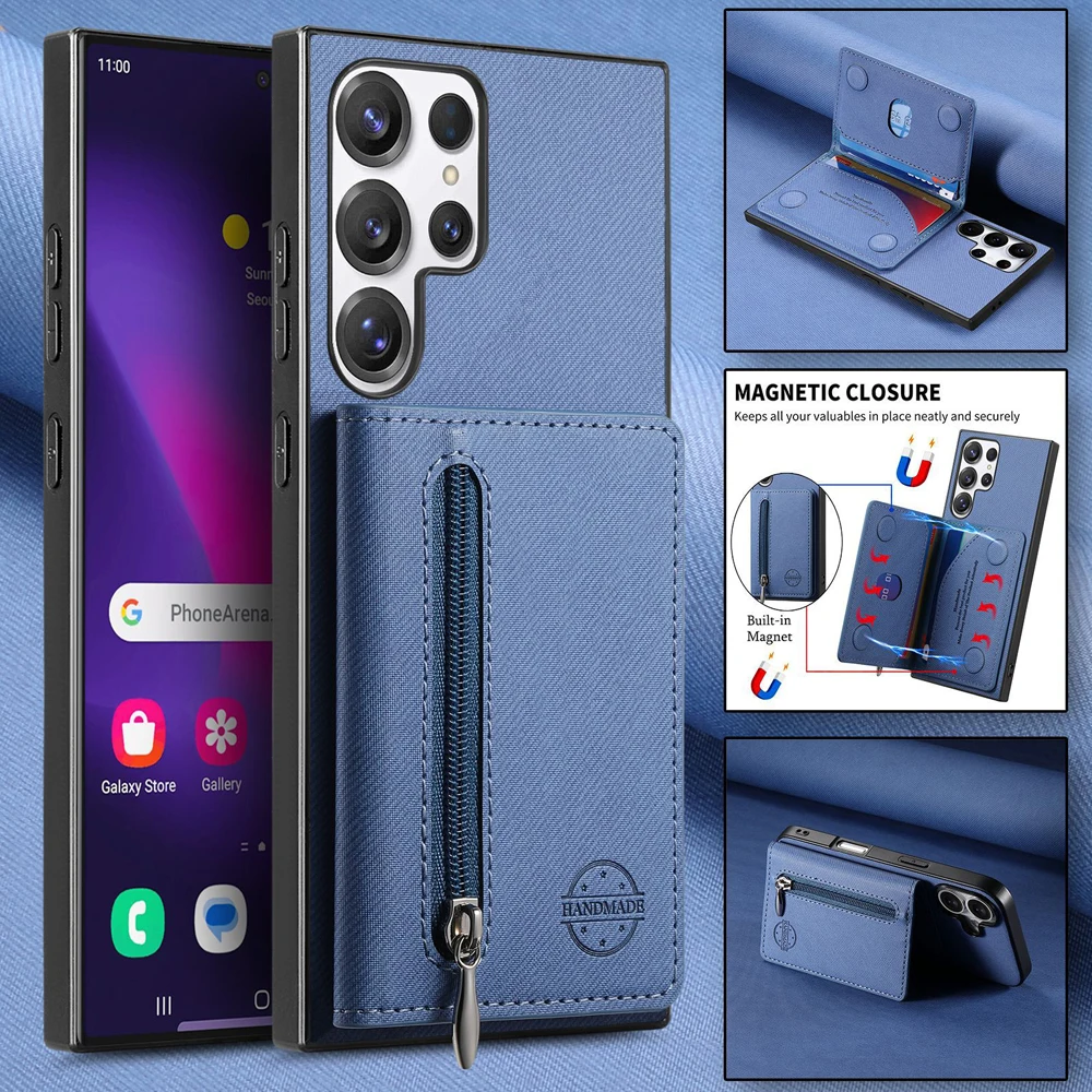 Zippered Leather Wallet Phone Case with Card Holder and Stand