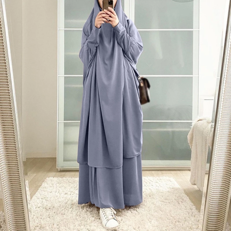 Muslim Sets One Pieces Prayer Clothing Long Hooded Smocking Sleeve Shirts Hijab Loose Maxi Skirts Elastic Waist Women Abaya Sets