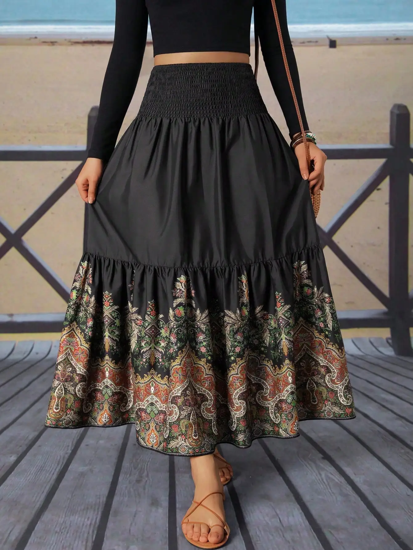 Women's Dress Skirts with Smocked Waist Tiered Paisley Floral Print Bohemian Maxi Skirt for Beach Vacations 1