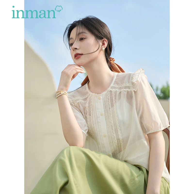 INMAN Women Blouse 2023 Summer Ruffled Short Sleeves Round Neck Loose Shirts Hollow Lace Embroidery Cute Chic White Pink Tops