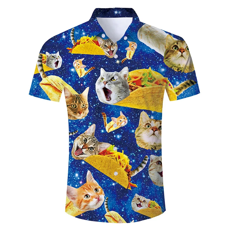 Mens Casual Button Down Shirts 3D Printed Funny Cat Pattern Short Sleeve Tee Shirt Tops Oversized Mens Hawaii Style Beach Shirt 4