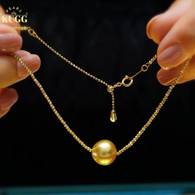

KUGG PEARL 18K Yellow Gold Necklace 11-12mm Real Natural South Sea Gold Pearl Necklace for Women Luxury Style Party Jewelry