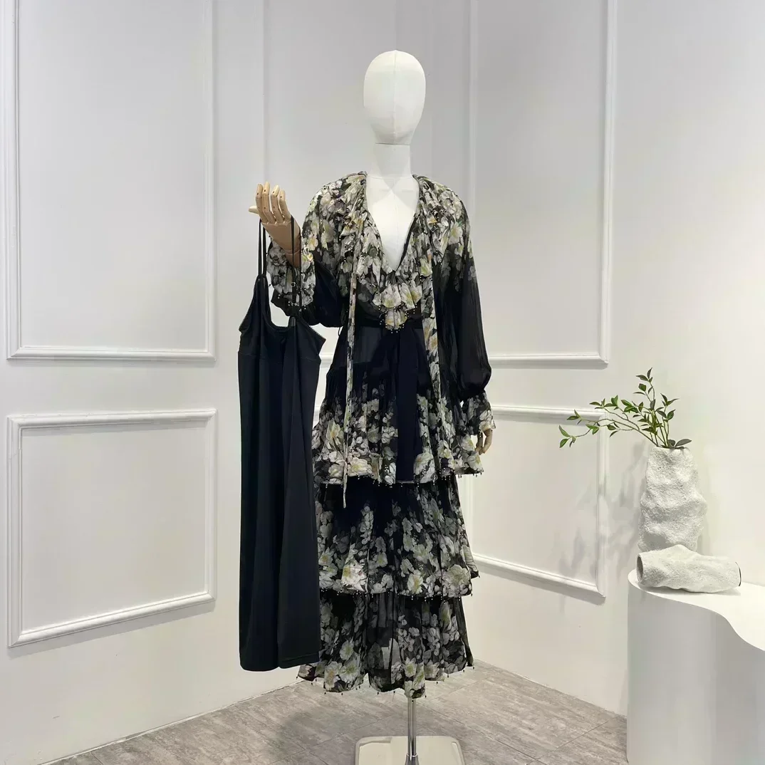 

2023 New Arrivals Summer High Quality Black Vintage Floral Printing Folds Ruffles Long Sleeve Woman Midi Dress