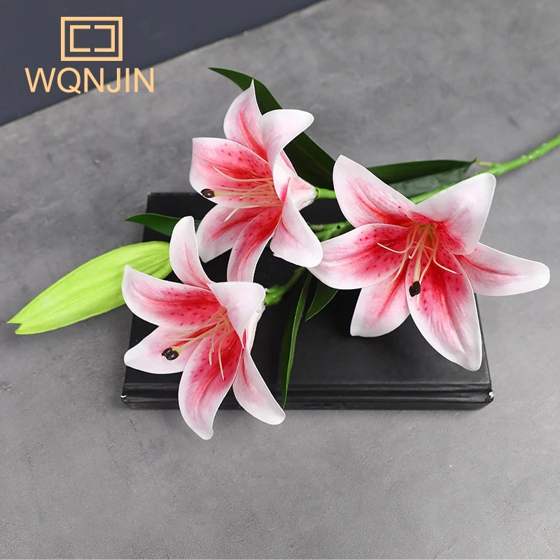 1PC, 고품질 3D 인쇄, 4 헤드 촉각 백합 인공 꽃 웨딩 호텔 장식, 백합 시뮬레이션 꽃 결혼식