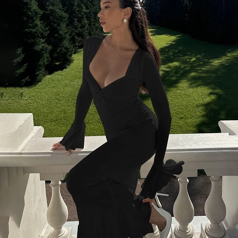 Vestido largo de otoño con volantes para mujer, elegante vestido de fiesta de retazos con cintura alta y manga larga para desplazamientos diarios, ropa femenina