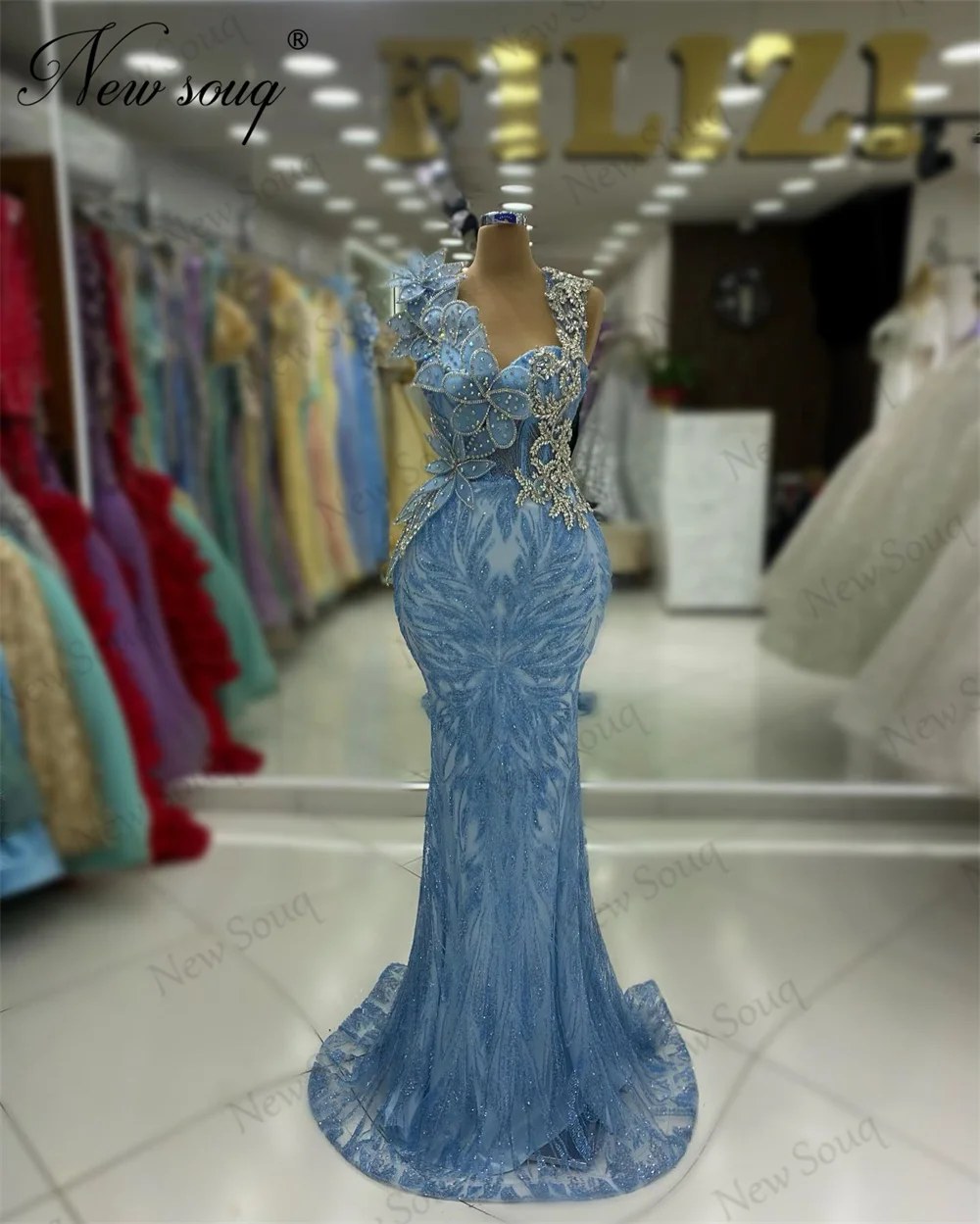 

Blue Mermaid Celebrity Dresses Haute Coutures Beaded Crystals Prom Dress Turkish Dubai Wedding Party Gowns Evening Dress Robes