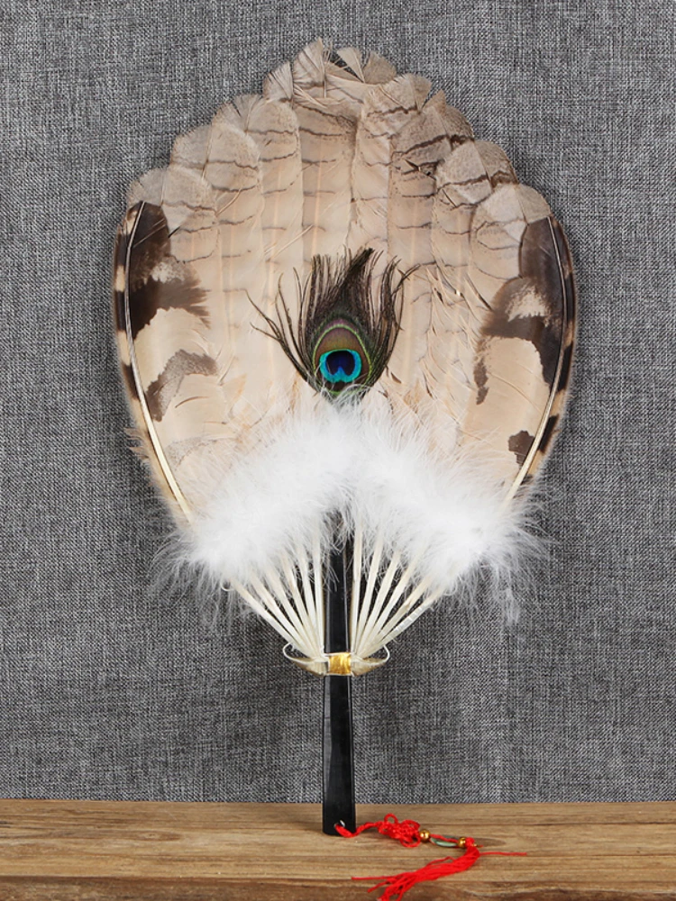 

Feather Fan Handmade Ancient Style Craft Fan Zhuge Liang Feature Fan Chinese Style Integrated Lens Folding Fan