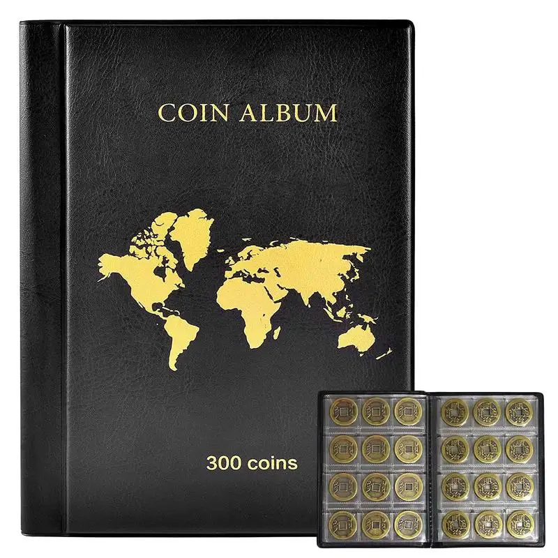 

300 Pockets Artificial PU Leather Coins Collection Album Book Collecting Money Organizer Storage Bags PVC Film