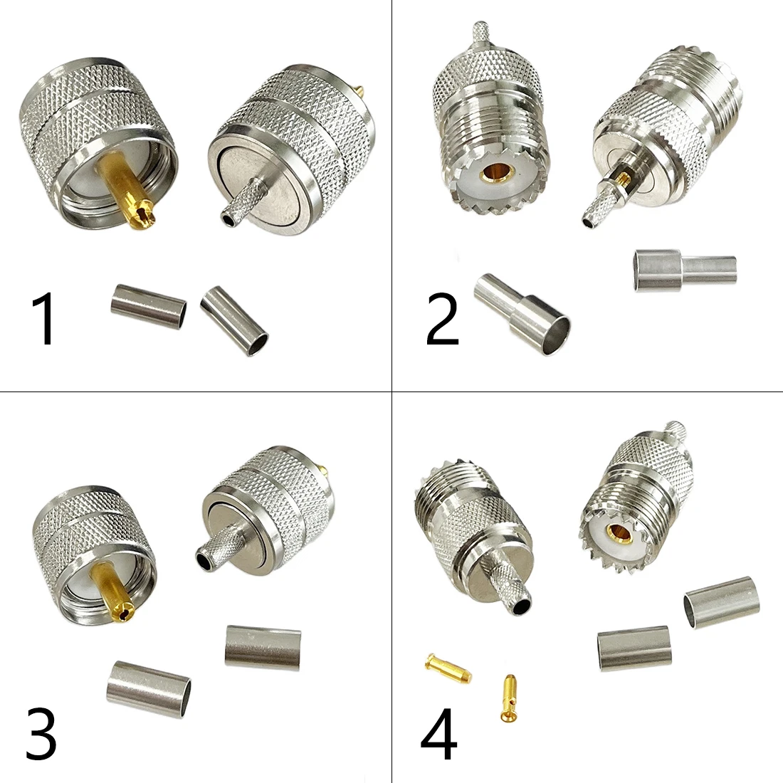 1-4pc-uhf-male-female-plug-jack-pl259-so239-rf-coax-connector-crimp-rg316-rg174-rg58-rg142-copper-nickelplated-with-drawing