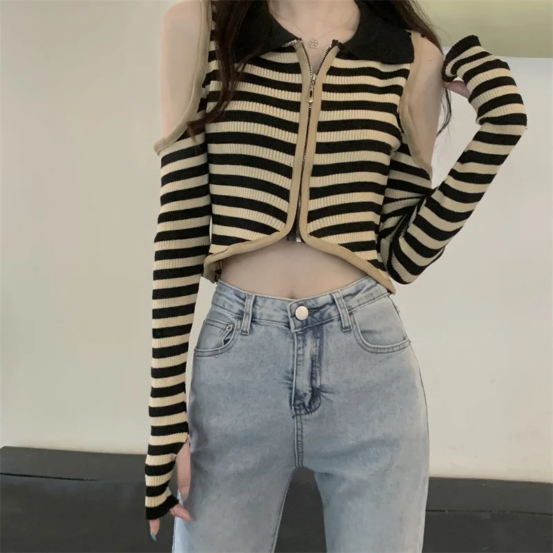 Women Striped Knitted Cropped Sweater Pullover