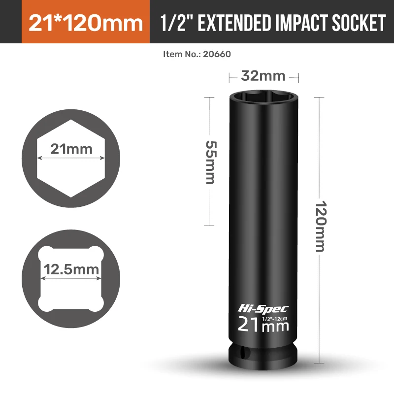 Hi-Spec 1/2" Extra Long Drive Impact Socket CR-MO Pneumatische Hülse Verlängerungsstange Elektroschlüssel Buchse Pleuel Reparatur – Detail 11
