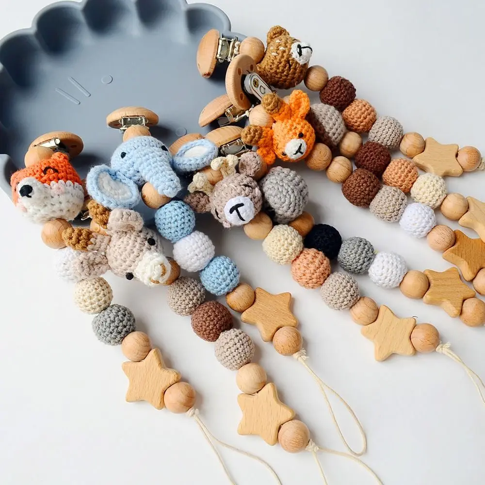 Children Wood Soother Holder Baby Teether Toys Straps Crochet Animal Pacifier Clips Pacifier Holder Clips Baby Pacifier Chain