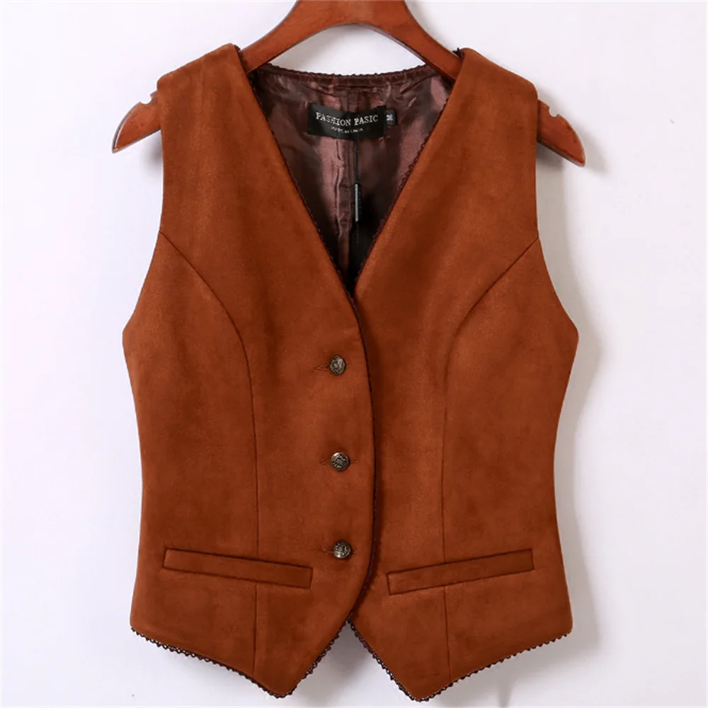 

V-Neck Vest Women Waistcoat Single Breasted Sleeveless Blazer Female suede vest Slim Short Vest Femme Slim Buttons