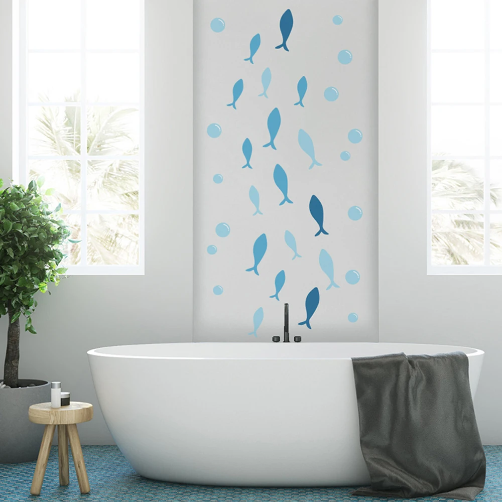 Wall Stickers 42pcs/set Blue Fish Vinyl Wallsticker for Baby kids Room Cartoon Bathroom Ocean Fish Scene