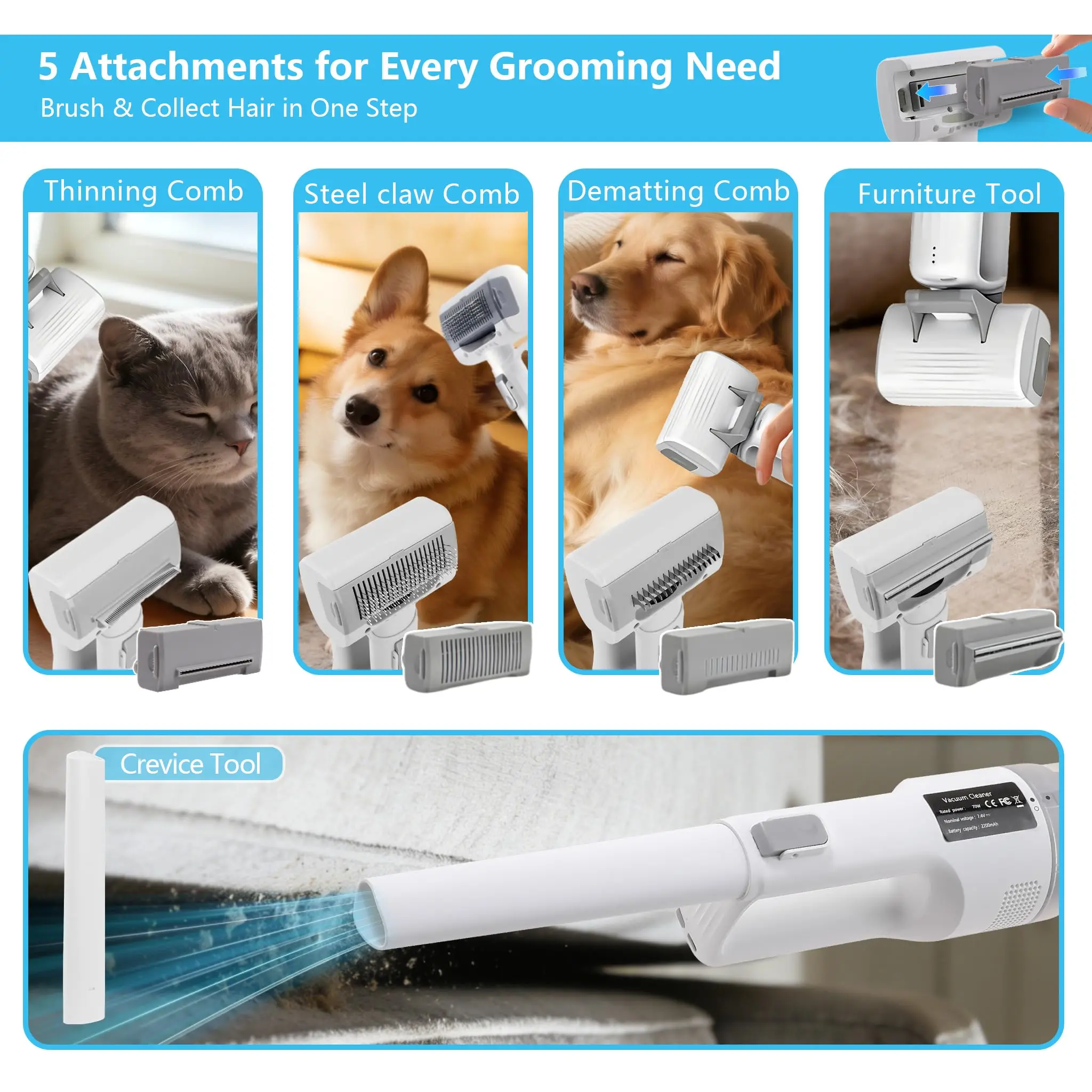 Deshedding Brush With Vacuum Suction, 5-in-1 Pet Removal Tool For Dogs Cats, Cordless Undercoat Rake Removes Loose Hair_voghion.com