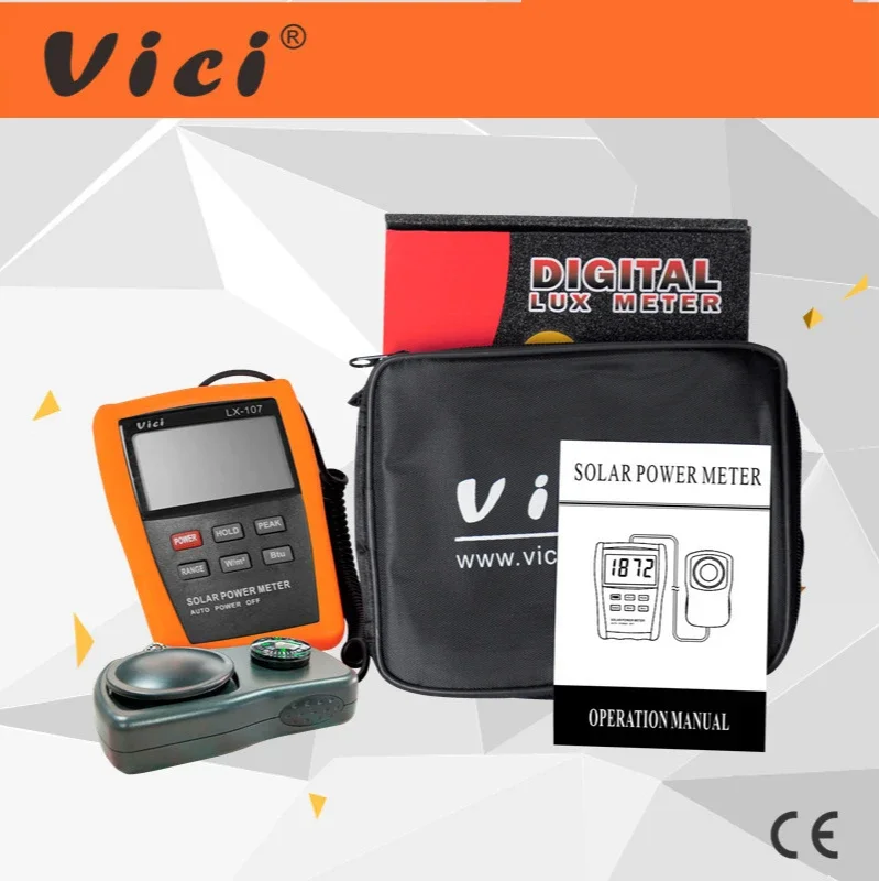 Vici Solar Power Meter LCD BTU Light Radiation Tester Compass Optical Solar Research Glass Light Intensity Data Peak Hold LX107 2