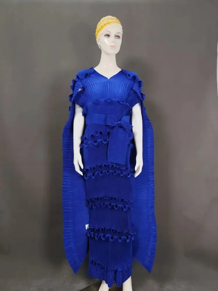 LANMREM Trendy Pleated Dress Women's V-Neck Solid Color Ruffles Cape Style Elegant Party Evening Dresses 2025 Summer New 2DM1105 - Image 4