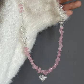 New Irregular Choker Vintage Zircon Heart Pendant Necklace For Women Female Pink & white Stone Chain Valentine's Gift N0548 1
