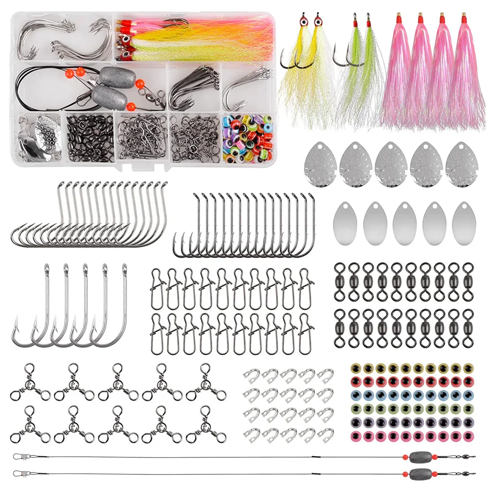 185Pcs Saltwater Fluke Flounder Fishing Rigs Kit Per La Produzione Di Esche Fai Da Te Willow Blades Bucktail Mylar Teaser Hooks Surf Fishing Tackle