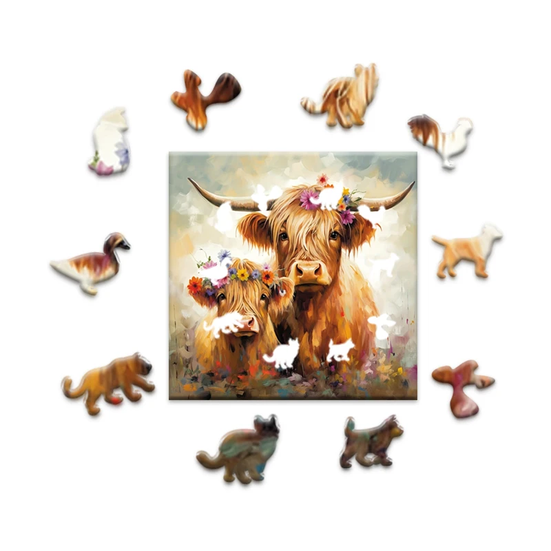Cow creative wooden puzzles, advanced puzzles with beautiful flowers and irregular animal pieces, party games, birthday gifts 4
