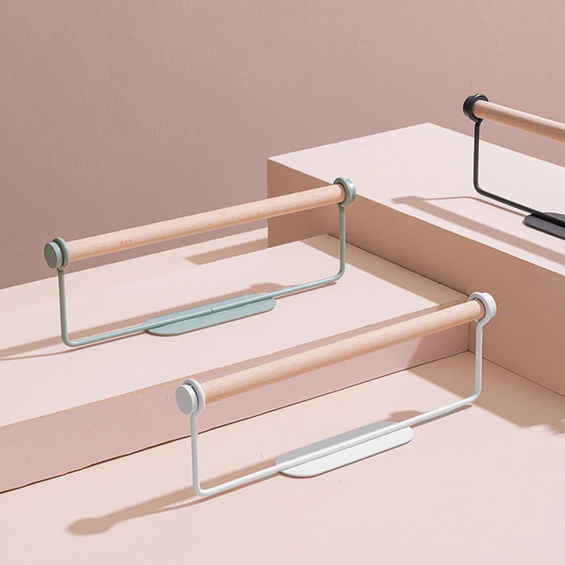 Bathroom Wood Towel Hanger Rack Bar Kitchen Cabinet Cling Film Rag Hanging Holder Organizer Toilet Roll Paper Holder Shelf