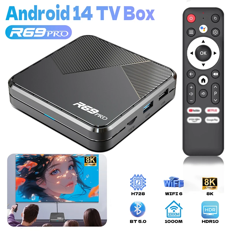 Smart TV Box R69 pro 2025 Allwinner H728 Android 14 WiFi 6
