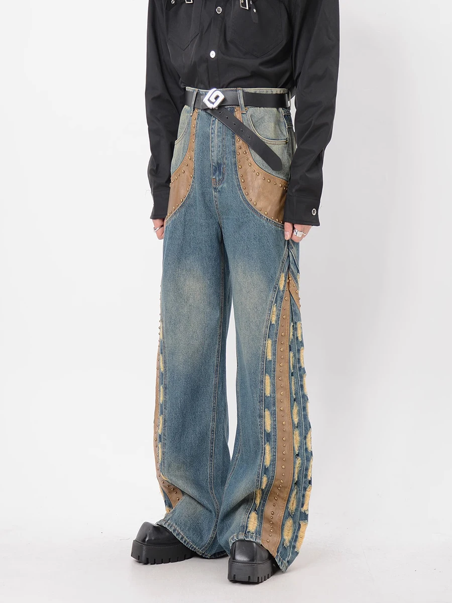 Men Studded Baggy Jeans Leather Patchwork Distressed Ripped Wide Leg High Waist Denim Pants Vintage Cowboy Streetwear
