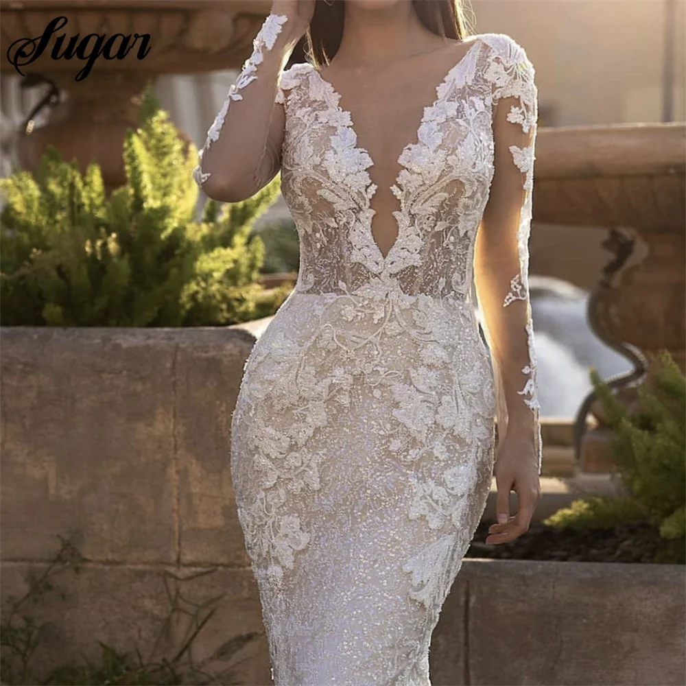 Luxury Appliques Wedding Gown Sequins Mermaid Wedding Dress V-Neck Long Sleeve Backles Sweep Train Bride Gown Vestidos De Noiva