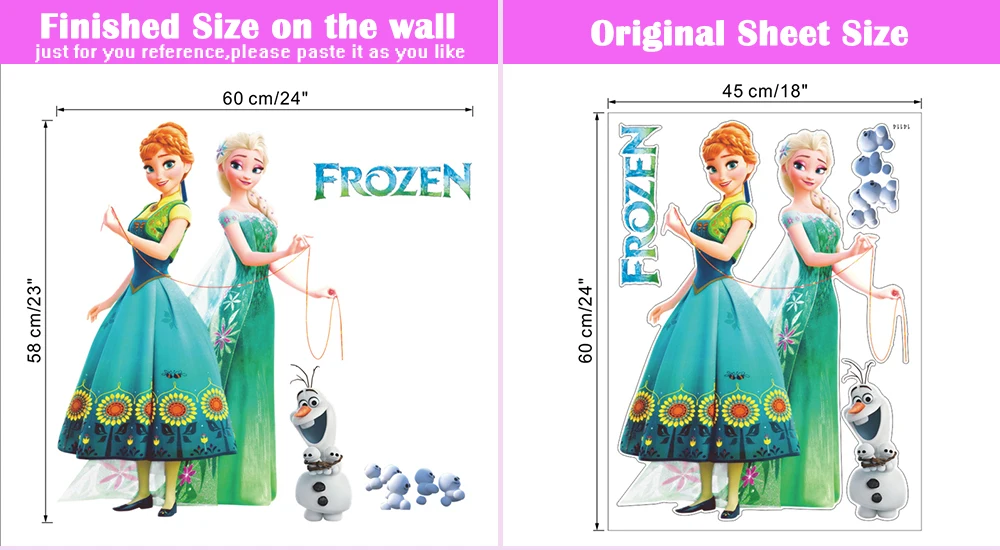 Erinevad 'Frozen' seinakleepsud, millel on kujutatud Elsa ja Anna rohelises ja sinakas kleidis. Kleebised sisaldavad ka Olafi ja lumekatete kujutisi. Vasakul on pildil lõpetatud seinapaigutuse mõõdud 60 cm x 58 cm ja paremal originaallehe mõõdud 45 cm x 60 cm.