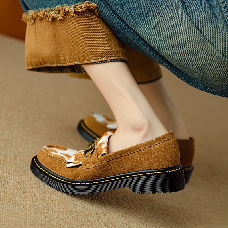 YIMIN & YUCEN 2024 New Four Seasons Deep-mouthed Women's Shoes Round Toe Low Heel Horse Hair Flat Loafer Shoes For Women L 6