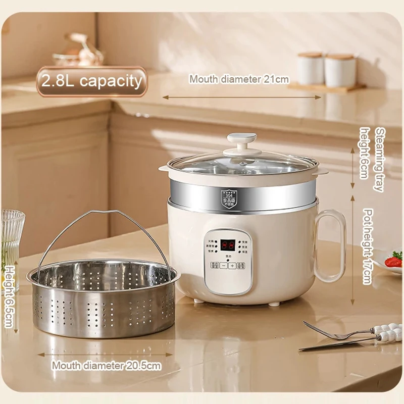 Multifunctional Low Sugar Electric Rice Cooker 2.8L Boiling Skillet Soup Stew Hot Pot Stir Frying Pan Eggs Poacher Food Steamer 4