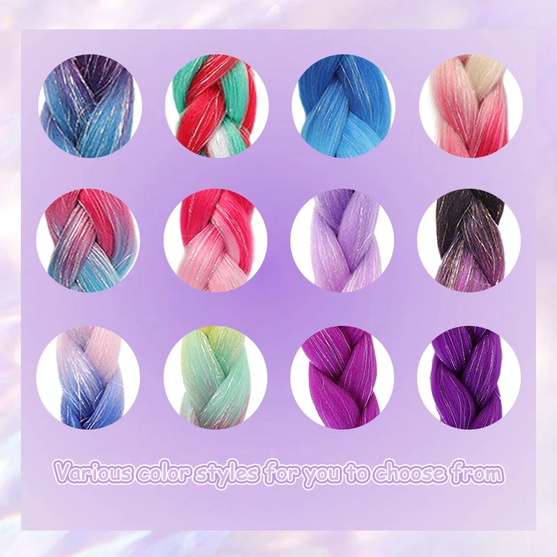 Synthetic Jumbo Braids with Tinsel Hair for Braiding Colored Shiny Hair Extensions Hairpiece for Kids&Women Christmas Party Use